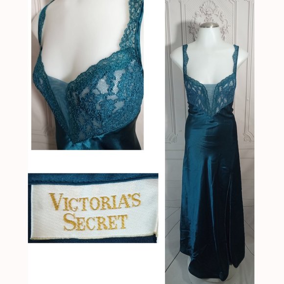 VTG Victoria's Secret Gold Label Teal Satin & Lace Long Slip Dress Gown Sz M - Picture 1 of 9